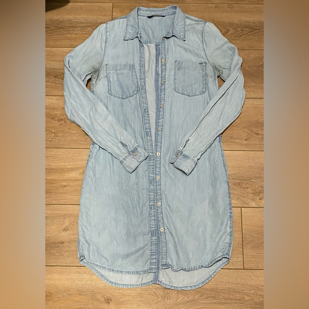ONLY | Size 34 chambray shirt dress with pockets, button down, leather tie